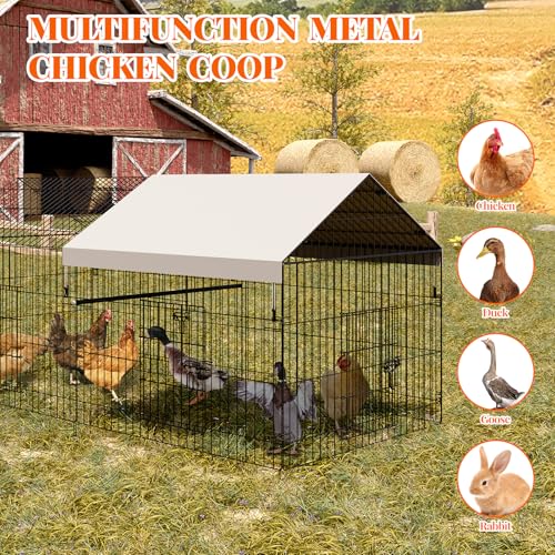Metal Chicken Coop, Chicken Run Pen for Yard with Cover, Outdoor Metal Portable Chicken Cage with 4 Door and 1 Window for Outside Duck Rabbit Hen, 86"×40"×40" - size: 86"L x 40"W x 40"H