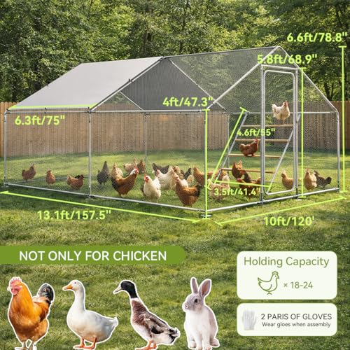 COMHOMA 13×10×6.6FT Large Metal Chicken Coop with Roosting Perch,Walk-in Chicken Run with Waterproof Roof & Lockable Door,Outdoor Poultry Cage for Hens,Ducks,Rabbits - size: 157.5"L x 120.0"W x 78.8"H