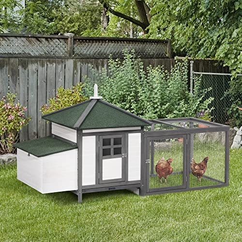 PawHut 77" Wooden Chicken Coop with Nesting Box, Cute Outdoor Hen House with Removable Tray, Ramp Run, for Garden Backyard, Gray - color: Gray