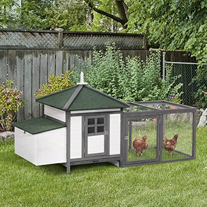 PawHut 77" Wooden Chicken Coop with Nesting Box, Cute Outdoor Hen House with Removable Tray, Ramp Run, for Garden Backyard, Gray - color: Gray