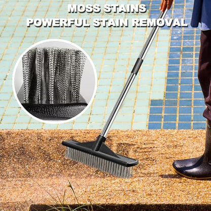 Heavy Duty Floor Scrub Brush Stainless Steel Wire Floor Scrubber with Long Handle Stiff Bristles Outdoor Push Broom for Cleaning Deck,Concrete,Patio,Boat,Moss Removal