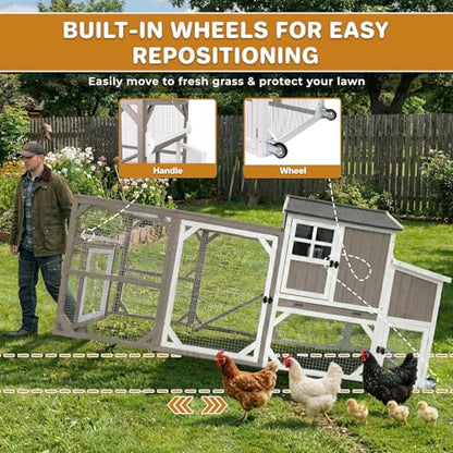 Large 95.3 in Outdoor Chicken Coop with Run & Wheels for 3-6 Chickens | Wooden coop with 3-compartment nesting box, 2 dividers, pull-out tray, UV-resistant roof, predator-resistant wire mesh