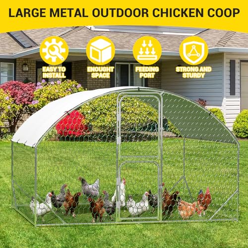Large Metal Chicken Coop, Chicken Runs for Yard with Cover, Large Chicken Run with Double Door and Upgrade Tri-Supporting, Walk in Chicken Coop for Outdoor Farm Yard (9.8'L x 6.5'W x 6.6'H) - size: 9.8'L x 6.5'W x 6.5'H