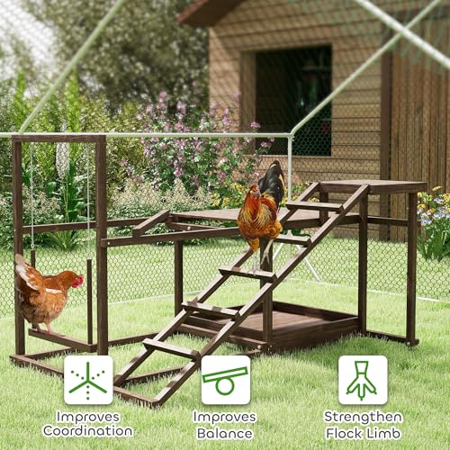 PawHut Wooden Chicken Coop Perches with Swing, Roosting Bars, Activity Play Set, Chicken Coop Accessory Toys for Coop, Coffee