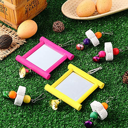 Sumind 2 Pieces Chicken Mirror Toys Hanging Swing Mirror with Bell Wooden Pecking Toy and 4 Pieces Beak Grinding Molar Stones for Hens Birds Parrots - color: Rose Red,Yellow