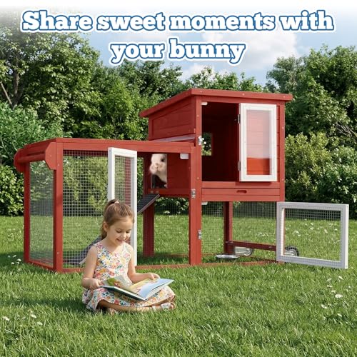 Rabbit Hutch Indoor Outdoor Bunny Cage, Weather Resistant Openable Roof, Slide Out Tray, Handle & Rolling Wheels, Chicken Coop, 48.05" L x 26.02" W x 34.3" H, Red - color: Red