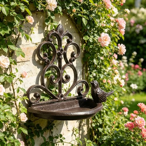 European Style Bird Feeder with Openwork Pattern, Hanging Metal Water Trough, Small Feed Trough for Mealworms, Vintage Garden Decor