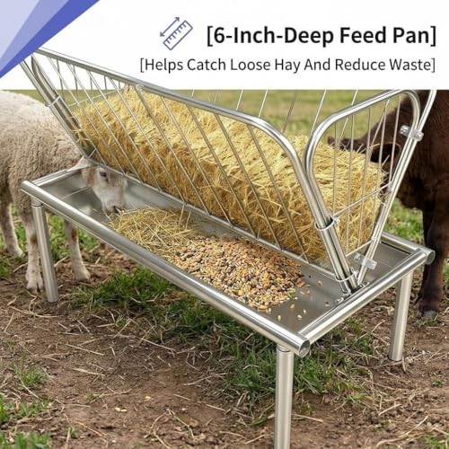 2-in-1 Livestock Hay Feeder, Galvanized Steel Goat and Sheep Feeding Station with 6" Deep Grain Pan, Heavy Duty Outdoor Pasture Hay Rack for Alfalfa and Grains, Reduces Waste