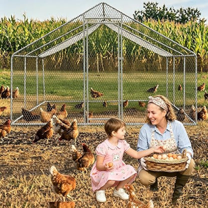 Large Metal Chicken Coop with Walk in Poultry Run and Spire Roof, Waterproof Livestock Shelter Outdoor Enclosure, Sturdy Galvanized Steel Frame for Hen Duck Rabbit, Backyard Farm House