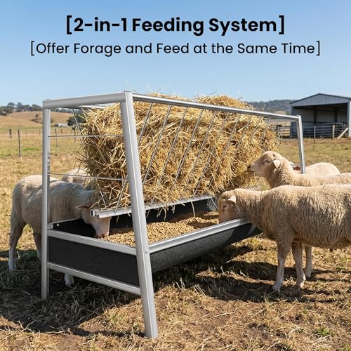 Farm Livestock Feeder, 2-in-1 Stainless Steel Goat Feeder, 77 Gallon Anti-Waste Hay Feeder with Rubber Trough, Heavy Duty for Goats, Sheep, Pigs, Ideal for Barn, Horse Farm, Outdoor Pen