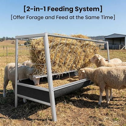 Farm Livestock Feeder, 2-in-1 Stainless Steel Goat Feeder, 77 Gallon Anti-Waste Hay Feeder with Rubber Trough, Heavy Duty for Goats, Sheep, Pigs, Ideal for Barn, Horse Farm, Outdoor Pen