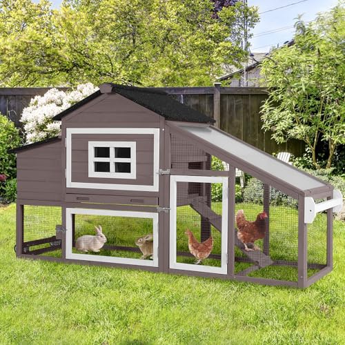 Mobile Chicken Coop with Wheels, Outdoor Hen House with Leak-Proof Tray, UV-Resistant Roof & Nesting Box for Chickens, Ducks, Rabbits (Brown) - color: Brown