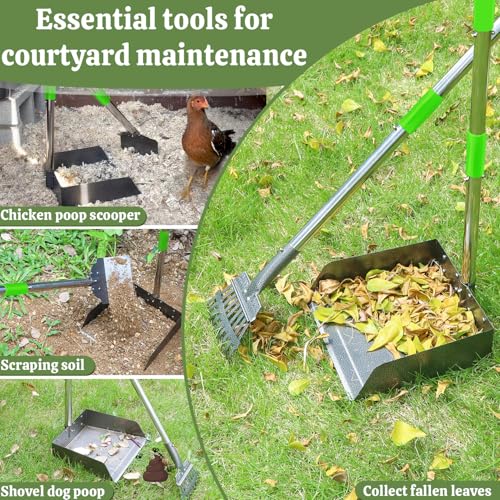 T2Y Pooper Scooper Extra Long Handle, Rake+Tray+Spade Set | 48" Tall No-Bend | 9.4'' Large Tray | Stainless Steel | Adjustable | Works on Grass, Gravel & Dirt | Easy to Install - size: Rake & Spade & Large Tray-Green