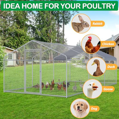 Large Metal Chicken Coop, Walk-in Chicken Run Pen with Waterproof Cover, Spire Roof Hen House Poultry Cage for Outdoor, Backyard, Farm(8.9x19 FT) - size: 227.0"L x 107.5"W x 77.0"H