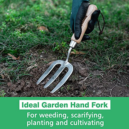 Berry&Bird Gardening Hand Fork, Stainless Steel Hand Weed Fork, Traditional Garden Hand Fork Tool with Ergonomic Ash Wood Handle for Weeding, Digging, Planting and Cultivating - size: 14.1inch