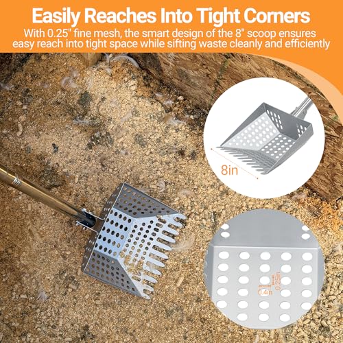 Chicken Poop Scooper Tempered Spring Steel Sifting Shovel for Chicken Coop with 32-60" Adjustable Stainless Steel Tube Cleaning Tool for Coop with Rubber Handle - size: 8" W x 3" D