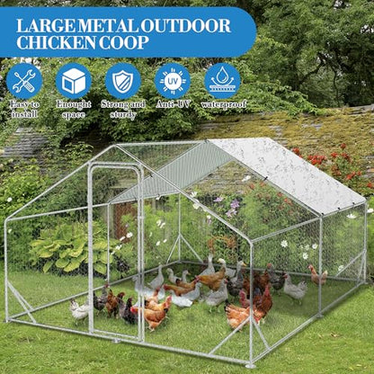 Large Metal Chicken Coop, 13.1'L x 9.8'W x 6.6'H Walk-in Poultry Cage, Chicken Run Pen House with Waterproof & Anti-Ultraviolet Cover Chicken Coop Run for Outdoor Backyard Farm - size: 118.1"L x 157.5"W x 78.7"H