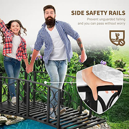 Outsunny 6' Metal Arch Backyard Garden Bridge with 660 lbs. Weight Capacity, Safety Siderails, Vine Motifs, Easy Assembly for Backyard Creek, Stream, Pond, Black - color: Black
