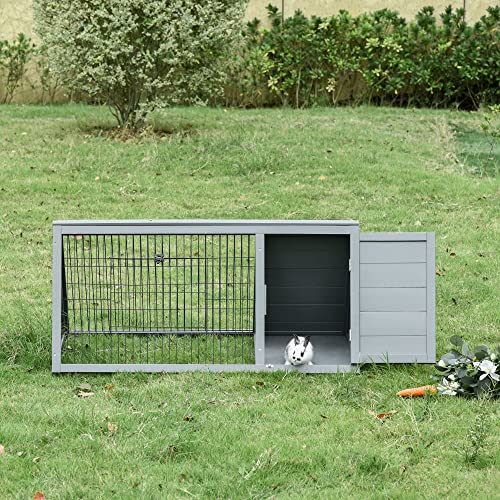 PawHut 46" x 24" Wooden A-Frame Outdoor Rabbit Hutch, Small Animal Cage, Bunny Hutch with Outside Run & Ventilating Wire, Gray - color: Gray, size: 45.8"L x 24.5"W x 20.8"H