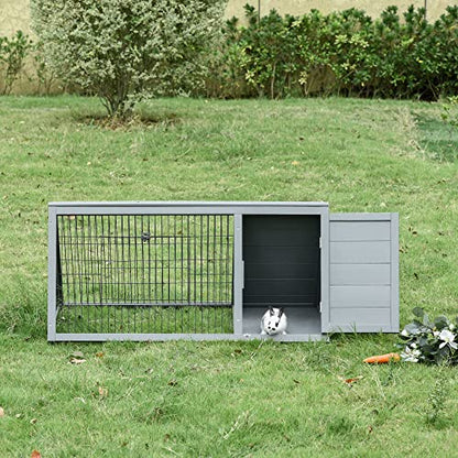 PawHut 46" x 24" Wooden A-Frame Outdoor Rabbit Hutch, Small Animal Cage, Bunny Hutch with Outside Run & Ventilating Wire, Gray - color: Gray, size: 45.8"L x 24.5"W x 20.8"H