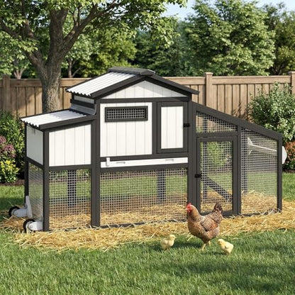 65" Chicken Coop with 2 Wheels and Handle, 2-Story Mobile Wooden Hen House with Nesting Box, Sloped Roof, Removable Tray, Outdoor Poultry Cage for Chickens, Ducks & Rabbits - size: 65.0"L x 26.0"W x 39.0"H