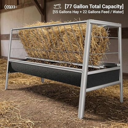 Stainless Steel Hay Feeder for Goats, 77-Gallon Livestock Feeder with 22-Gallon Rubber Feeding Pan, 33.4" Anti-Waste Rack for Sheep, Miniature Horses and Small Farm Animals - color: black and white