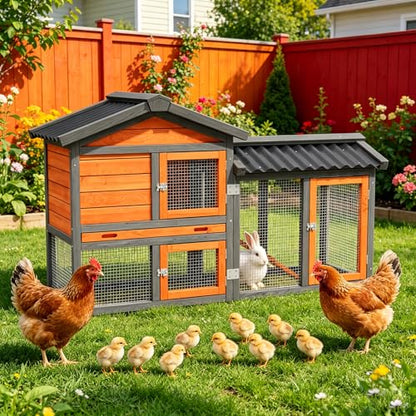 Chicken Run Coop, Wooden Duck Coop Outdoor 2-Tier Hen House All Weather Used Poultry Quail Cage Rabbit Hutch Pet Hideout with Ramp for Small Medium Animals-Expandable Design (Brown) - color: Brown