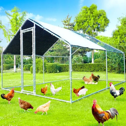 Large Metal Chicken Coop, Chicken Runs for Yard with Cover Walk-in Poultry Cage for 10 20 Chickens, Chicken Pen Duck Coop with Water-Resident Top and Feeding Door, Spire Hen House 12.8Lx9.84Wx6.6H FT - size: 153.6"L x 118.0"W x 79.2"H