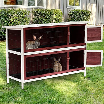PawHut 54" 2-Story Rabbit Hutch Bunny Cage with Openable Roof, No Leak Tray and Fun Enclosed Run, for Rabbits, Chickens, Ducks, Indoor/Outdoor