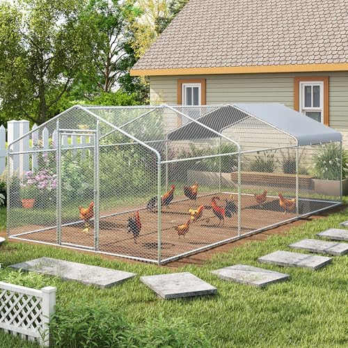 Large Metal Chicken Coop, Walk-in Chicken Run Pen with Waterproof Cover, Spire Roof Hen House Poultry Cage for Outdoor, Backyard, Farm(8.9x19 FT) - size: 227.0"L x 107.5"W x 77.0"H