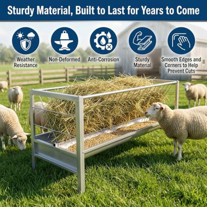 96 Gallon Goat Hay Feeder, 2 in 1 Hay Feeder for Goats, 5 Ft Long Feeding Tray for Livestock Feeder, Feeding Goats, Sheep and Ponies, for Farms, Sheep Sheds (Galvanizing)