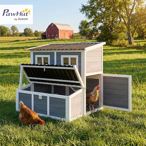 PawHut Wooden Chicken Coop, 39" Chicken House with Nesting Box, Pull-Out Tray, Waterproof Roof, Hen House Outdoor Poultry Cage for 2-4 Chickens, Rabbits, Small Animals, for Backyard, Light Gray