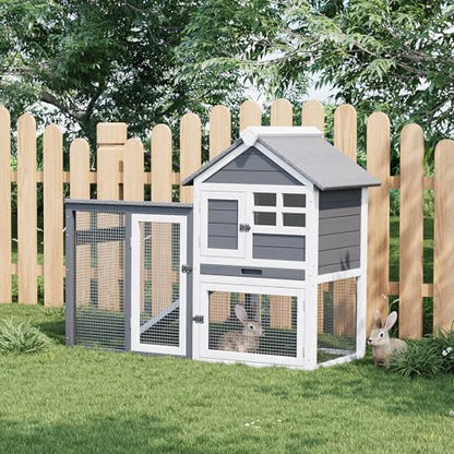 GarveeLife Small Wooden Chicken Coop, 2-Story Rabbit Hutch Indoor Outdoor with Waterproof Roof, Bunny Cage with Pull Out Tray and a Wooden Ramp