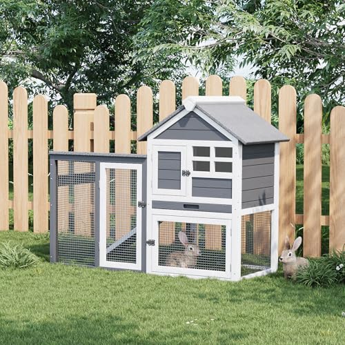 2-Story Rabbit Hutch, Small Wooden Chicken Coop, with Waterproof Roof, Pull Out Tray and Anti-Slip Ramp, Bunny Cage for Indoor Outdoor (45.28" L x 20.08" W x 36.61" H)