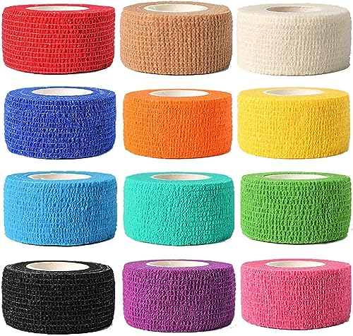 (12-Pack) 1” x 5 Yards | Self Adhesive Bandage Wrap, Kuvvfe Athletic Elastic Cohesive Bandage for Sports Injury,Strain,Knee & Wrist,Ankle Sprains & Swelling First Aid - size: 1x180 Inch (Pack of 12)