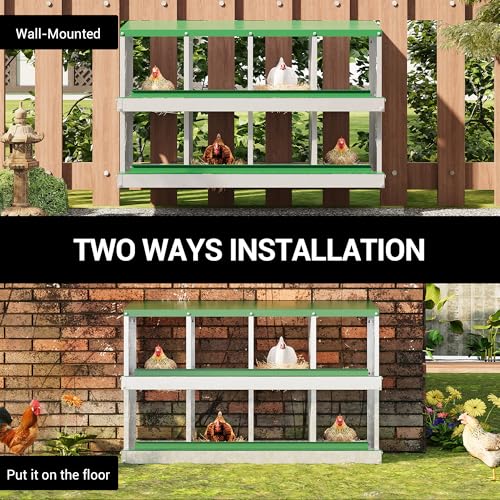 8-Room Galvanized Metal Chicken Nesting Boxes - Rustproof Poultry Laying Boxes with Perch Rod & 8 Fake Training Eggs, Durable Hen Nest Boxes for Chicken Coops, Easy to Clean, Hens Laying Eggs, Green
