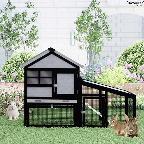Chicken coop and activity area, dual-level rabbit cage for indoor/outdoor use, accommodates 2-3 chickens. Includes ramp and leak-proof deep-draw tray. Suitable for chicks and rabbits (black). - size: 53.5"L x 23.6"W x 38.2"H
