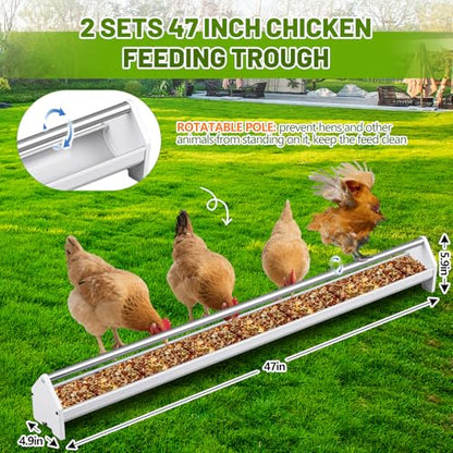 Reallnaive 2 Sets 47 Inch Chicken Feeder Trough, Heavy Duty Plastic Stainless Steel Round Bottom Pigeon Feeder Trough Rotating Round Tub for a Variety of Poultry for Chickens, Ducks, Geese, Goats