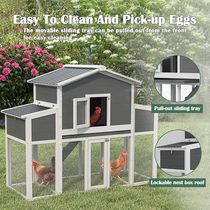 Wooden Chicken Coop for 2-6 Chickens, Outdoor Chicken House with Run & 2 Nest Boxes, Outside Hen House Poultry House Pet Hutch Chicken Cage with Waterproof Roof & Ramp, (66''LX32''WX53''H) - size: 66"L x 32"W x 53"H