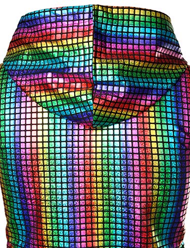 ZEROYAA Mens Shiny Metallic Zip Up Sleeveless Hooded Vest T Shirt with Kangaroo Pocket - color: Multicolour Sequin, size: Medium