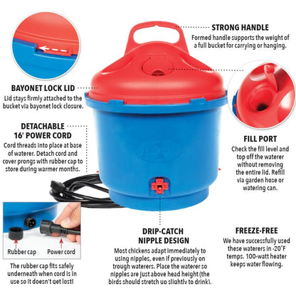 Premier 1 All-Season Heated Poultry Waterer for Chickens & Ducks – 3 Gallon | 100W thermostat keeps water unfrozen to -20°F. Quick-fill cap, 3 recessed nipples, 16 ft detachable cord. Up to 35 birds.