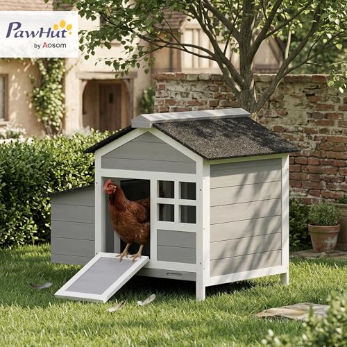 PawHut Chicken Coop Outdoor Weatherproof, Wooden Duck House with Nesting Box, Pull-Out Metal Tray, for 1-2 Chickens, Rabbits, Ducks, Poultry Cage Rabbit Hutch for Backyard, Farm, 36" x 25" x 27"