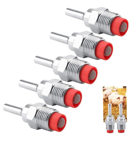 Pig Nipple Drinker Waterer Thread Stainless Steel Pig Waterer Nipple Fountains Drinkers with Red Cap Long Rod for Sows Piglets Drinking Wat 5 pcs