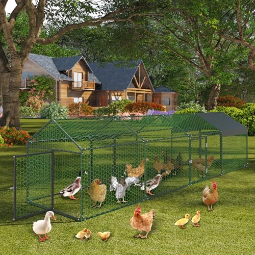 Metal Chicken Coop, 160" x40" x40" Large Chicken Run with 4 Doors, Outdoor Hen House for Yard with Waterproof and Anti-UV Cover, Walk in Poultry Cage for Rabbit Duck Goose, Black - color: Black spray, size: 160×40×40 inches