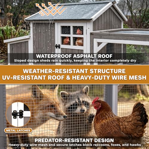 Large 95.3 in Outdoor Chicken Coop with Run & Wheels for 3-6 Chickens | Wooden coop with 3-compartment nesting box, 2 dividers, pull-out tray, UV-resistant roof, predator-resistant wire mesh