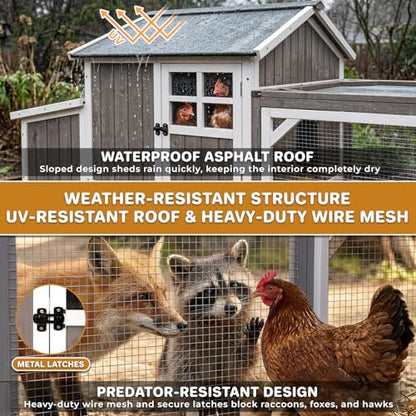 Large 95.3 in Outdoor Chicken Coop with Run & Wheels for 3-6 Chickens | Wooden coop with 3-compartment nesting box, 2 dividers, pull-out tray, UV-resistant roof, predator-resistant wire mesh