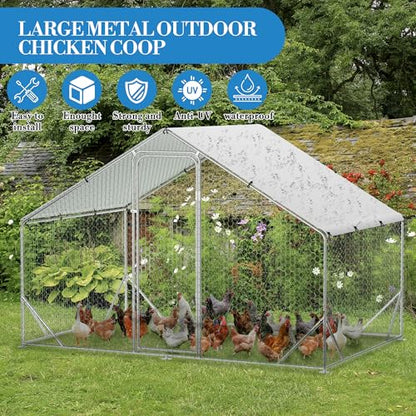 Large Metal Chicken Coop, 9.8'L x 6.5'W x 6.5'H Walk-in Poultry Cage, Chicken Run Pen House with Waterproof & Anti-Ultraviolet Cover Chicken Coop Run for Outdoor Backyard Farm - size: 118.1"L x 78.7"W x 78.7"H