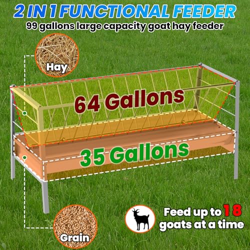 99 Gallon Goat Hay Feeder, 35.4" Height 65" Length Goat Feeder, Hay Rack Stainless Steel Hay and Grain in One, Hand-Powered Feeding Station for Goats, Sheep, Horses