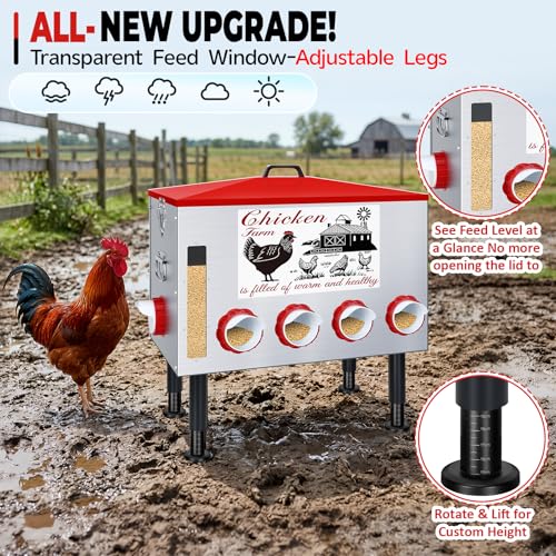 100Lb Automatic Chicken Feeder with Window 8 Port No Waste Rust-Proof Galvanized Steel with Locking Lid & Adjustable Height Legs Waterproof Portable Poultry Feeder for Chickens,Ducks,Geese - size: 100LB