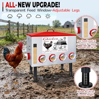 100Lb Automatic Chicken Feeder with Window 8 Port No Waste Rust-Proof Galvanized Steel with Locking Lid & Adjustable Height Legs Waterproof Portable Poultry Feeder for Chickens,Ducks,Geese - size: 100LB